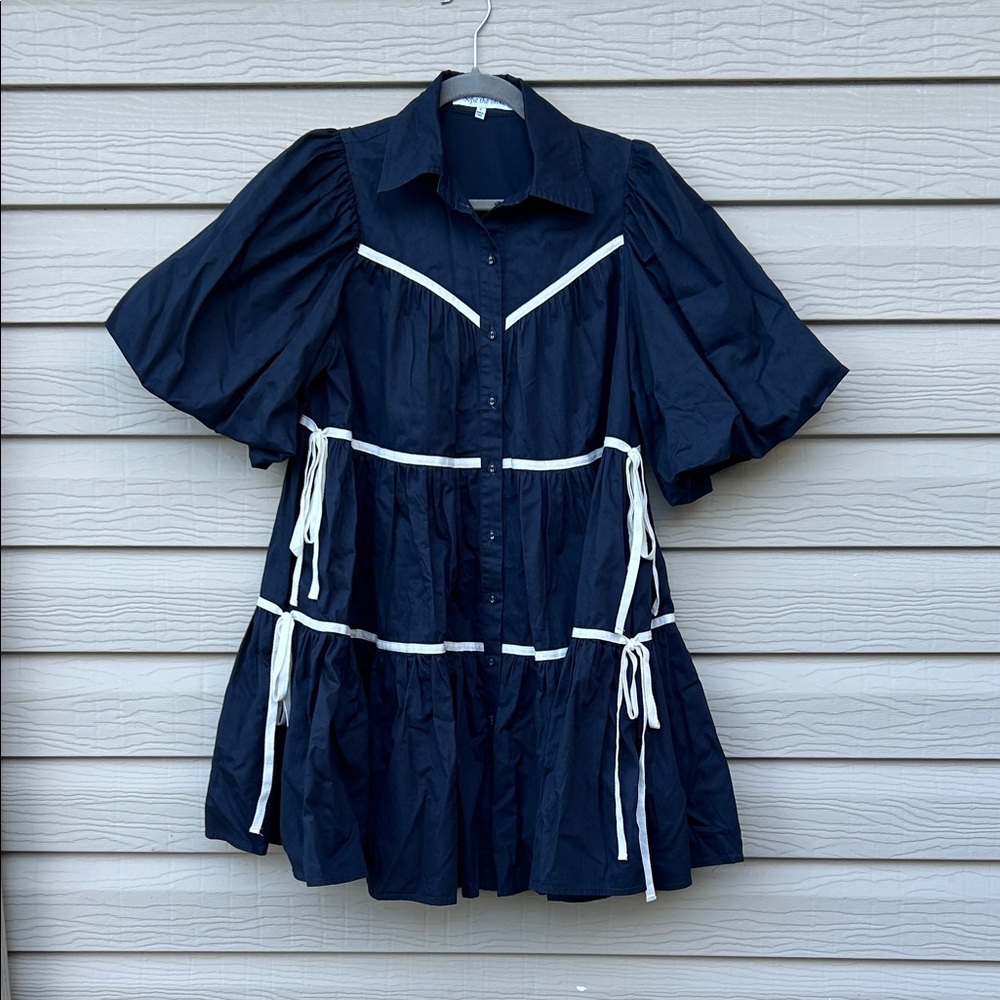 Navy Blue Mini Dress with White Accents